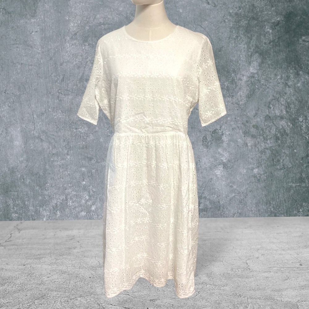DOWNEAST Women's May Dress White Eyelet Tie Back Cottage Cotton Sundress Medium
